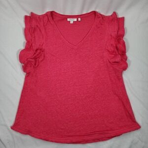Chicos 100% Linen Ruffle Sleeve V-Neck Top Pink Fringe Hem Size 2 Large Womens